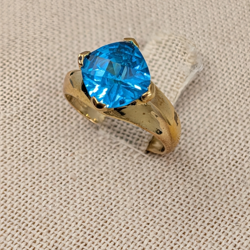 Vintage 925 Sterling Silver Gold Vermeil Statement Ring Faceted Blue Stone Sz 6
